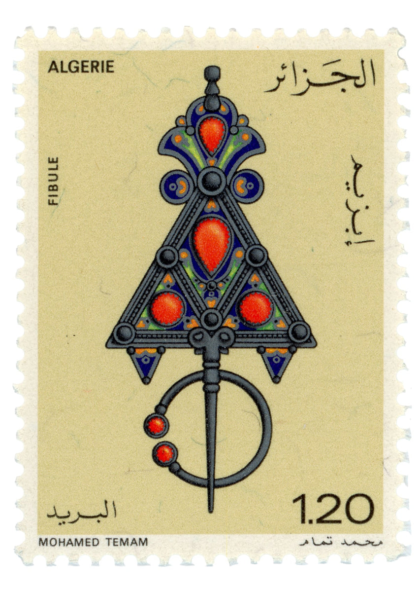 Algerian Heritage Stamp Tote Bag – Traditional Amazigh Fibula (1970s)