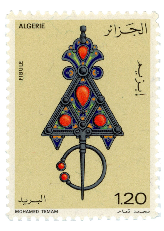 Algerian Heritage Stamp Tote Bag – Traditional Amazigh Fibula (1970s)